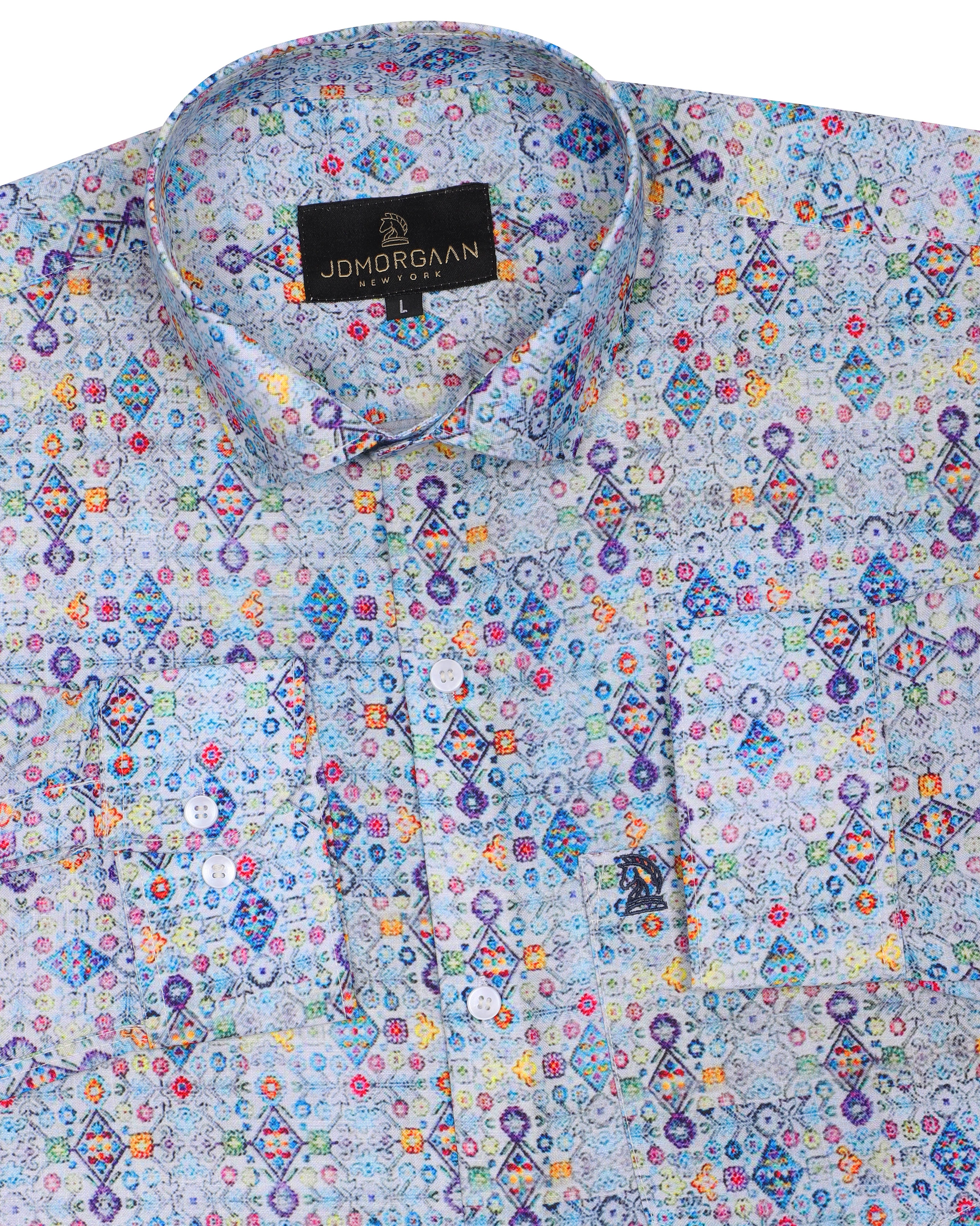 Fancy Sky Blue Digital Print Premium Cotton Shirt