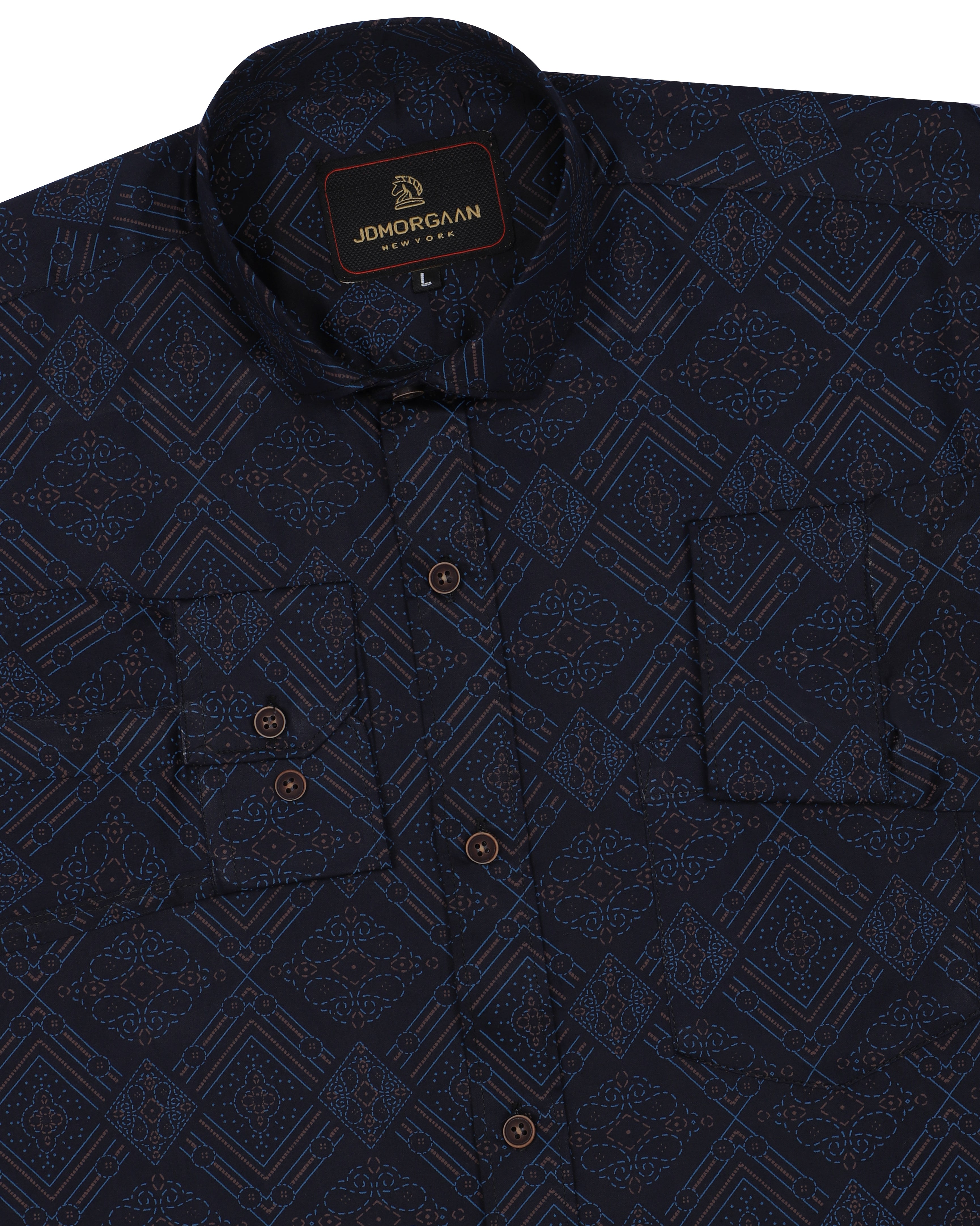 Navy Blue Giza Print Premium Cotton Shirt