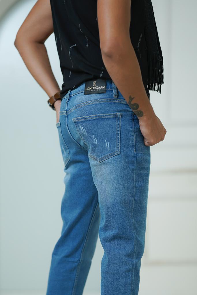Blue Stretchable Washed Tapered jeans-009